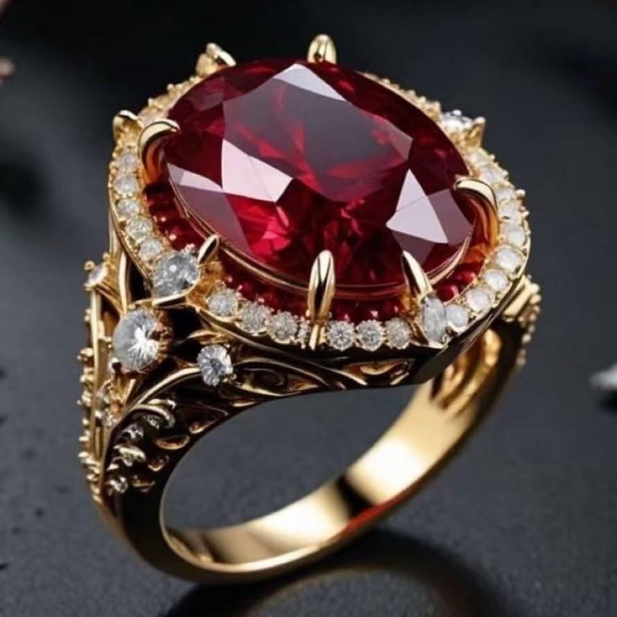 New alloy gold-plated jewelry, exclusively for sale Red gemstone ring, European and American style, women's jewelry