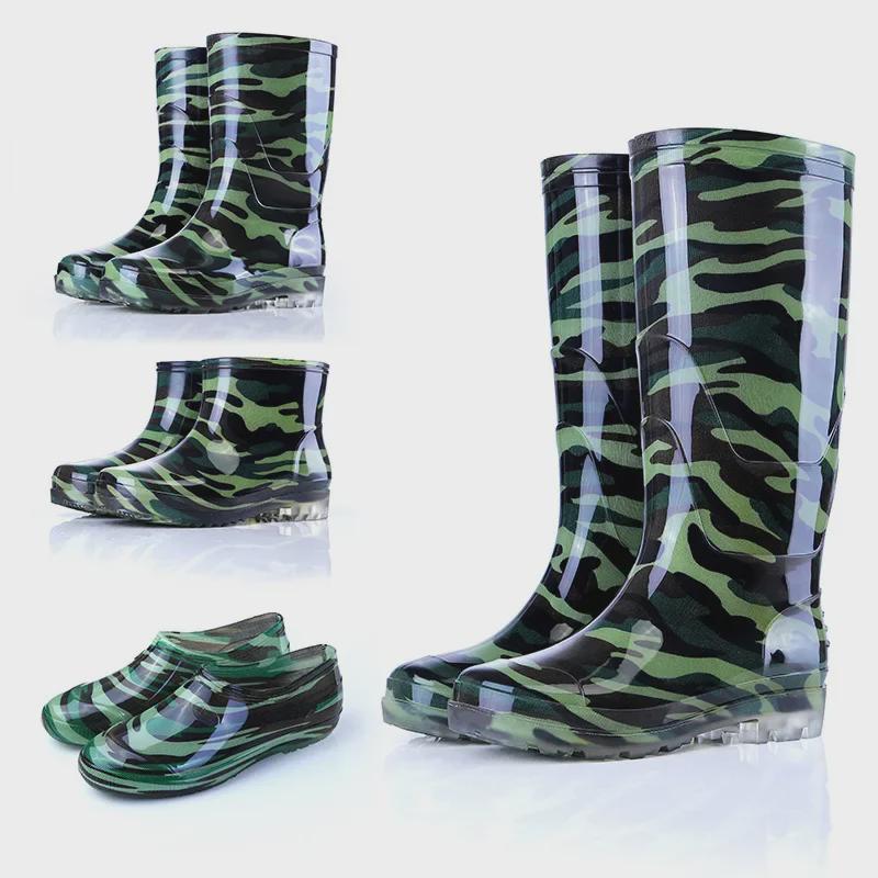Men's Camouflage Waterproof Rain Boots with Velvet Lining - High/Mid/Short-Top Rubber Shoes for Construction, Kitchen, and Fishing