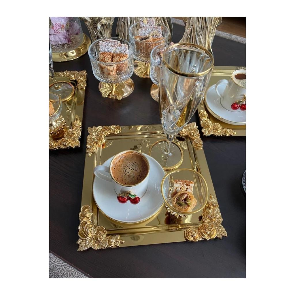 Silver Gold Detailed 18/10 Steel Coffee Presentation Tray 1 Piece