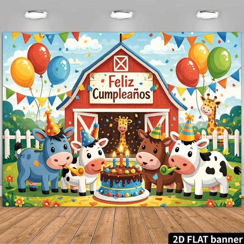 

2D Feliz Cumpleaños Photo Backdrop Cartoon Farm Animal Balloon Background Cloth 47.2x31.5inch/120*80cm
