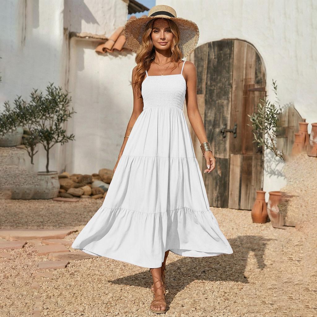 Fashionable Women's Casual Printed Tube Top Shoulder Strap Swing Dress