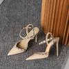 Spring and Autumn New Rivet One Word Buckle High Heels Temperament Pointed Toe Stiletto Heel Bag Heel Sandals Women