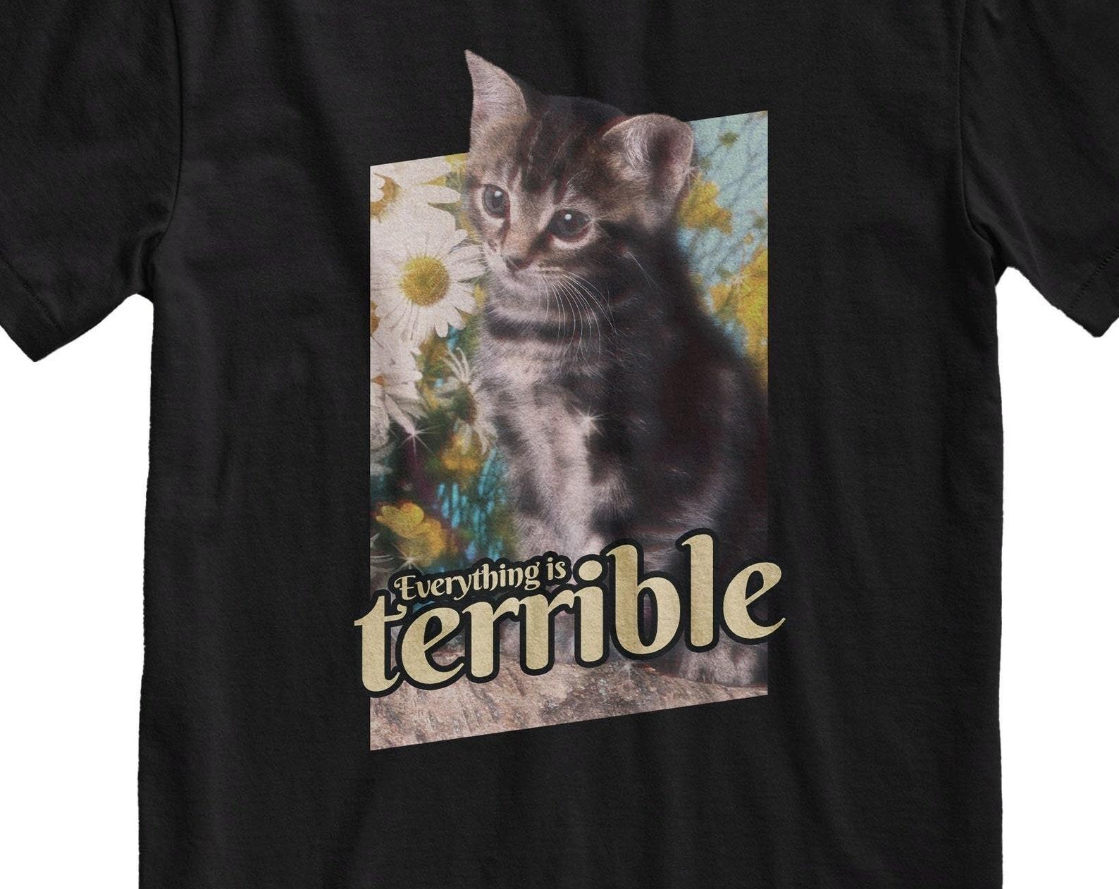Funny Sad Cat Photo T-Shirt: Sarcastic Meme Graphic Tee 3XL
