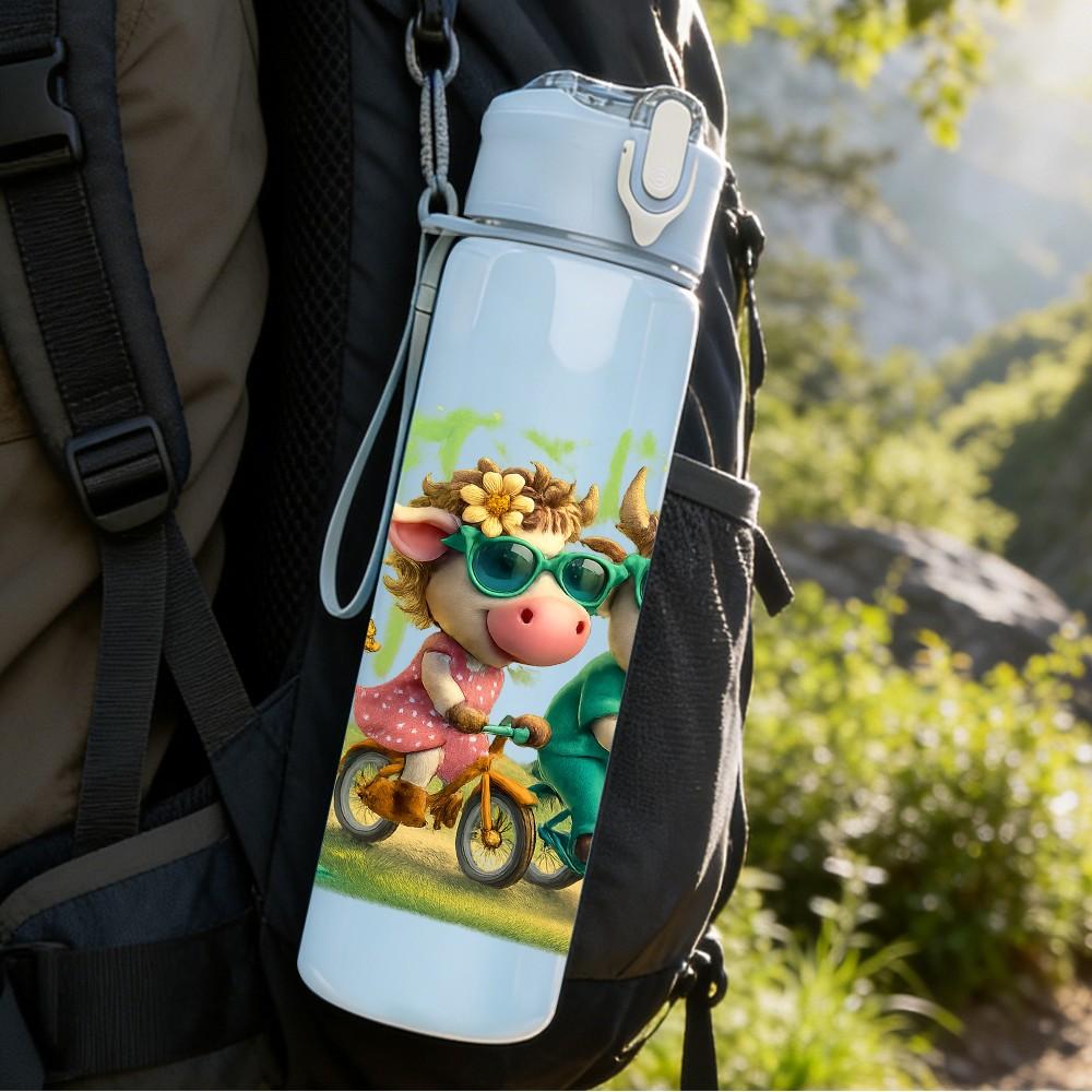 1PC Two Pigs Riding Bicycle 750ml Color Plastic Sports Water Bottle Leakproof Flip Straw Lid Suitable for Sports Office Home Use