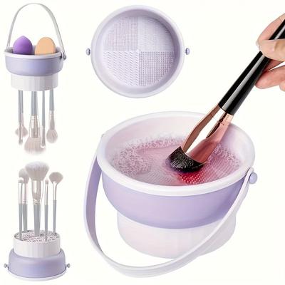 1pc 2-in-1 Makeup Brush Cleaning Bowl Beauty Egg Cleaning Tool Storage Set Brush Powder Puff Dry Cleaning Silicone Drying Shelf