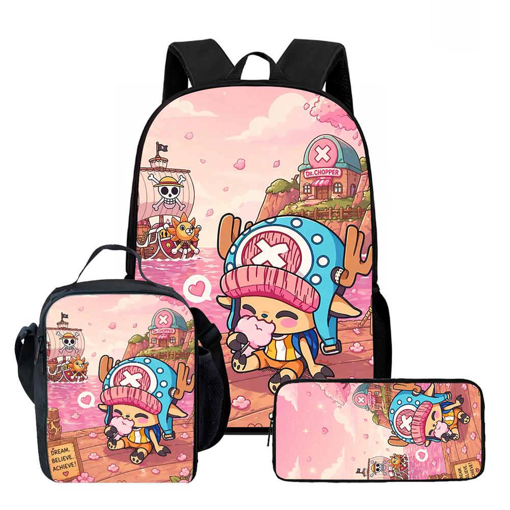 One Piece 15 Inch 3 Pcs Cartoon School Backpack Set Lightweight Bag With Lunch Bag Pencil Case For Boys Girls Grade 1-3 Mochila