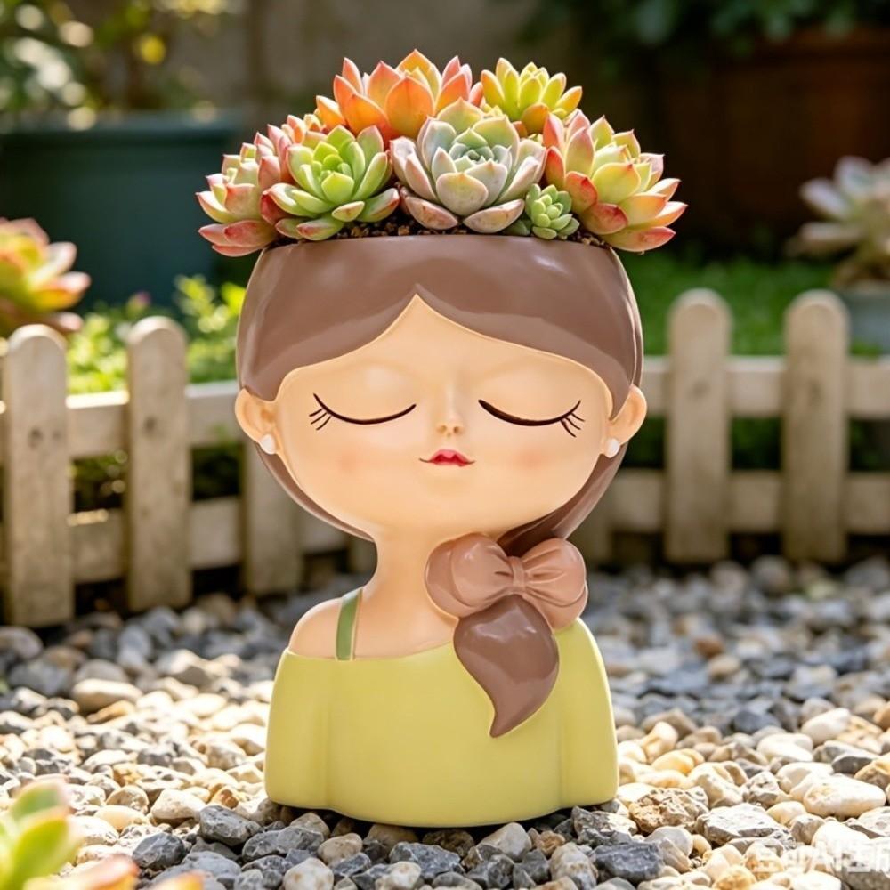 Resin Fairy Flowerpot Nordic Style Bonsai Vase Girl Statue Girl Face Planter Pot Balcony