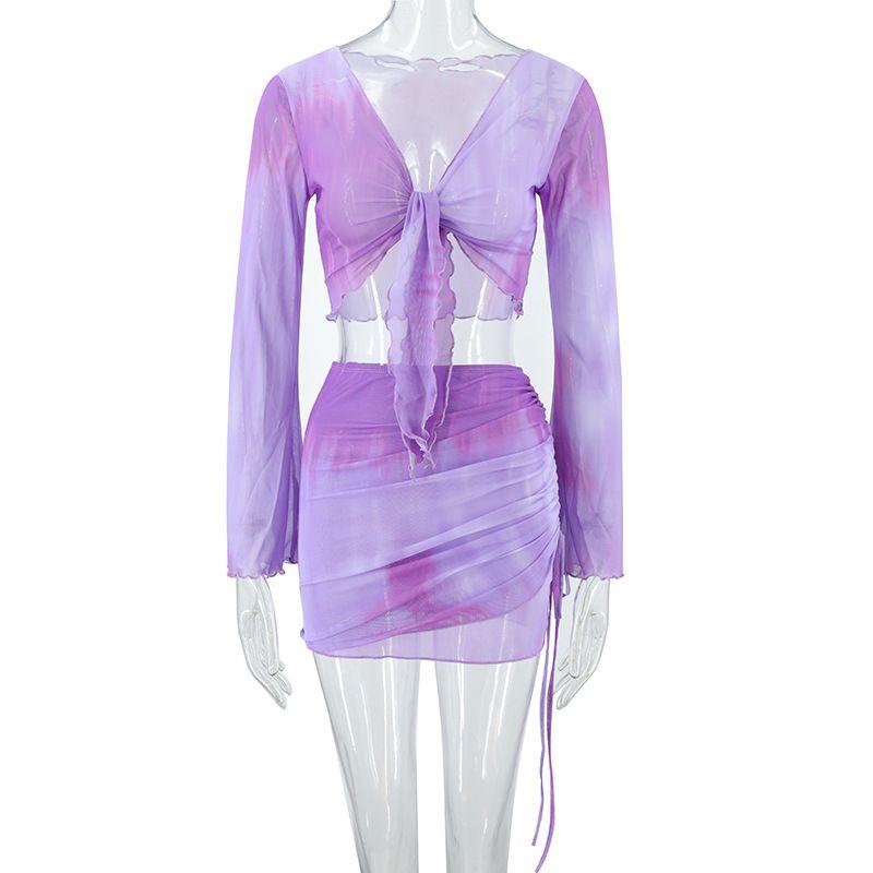 Tie-Dye Printed Gradient Color Short Top Drawstring Mesh