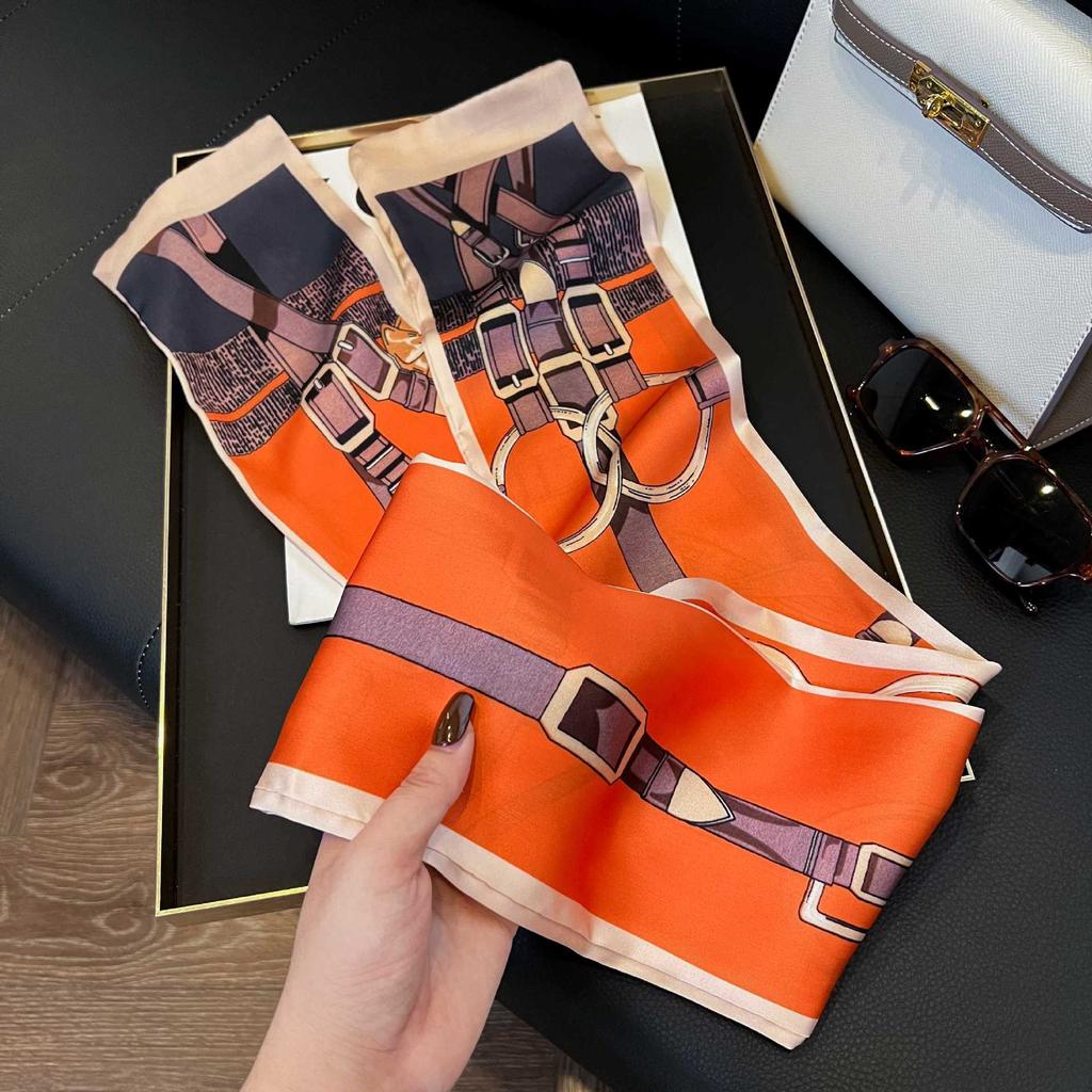 Long Silk Scarf Women's New Small Silk Scarf Printing Simulation Silk Tied Bag Streamer Explosion Sweet Little Scarf