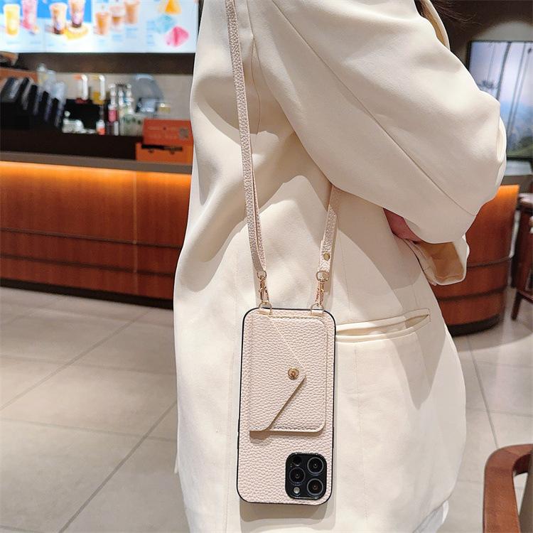 Applicable To Iphone16promax Lychee Pattern Card Bag Leather Case 14plus Crossbody Card Lanyard Mini Protective Cover