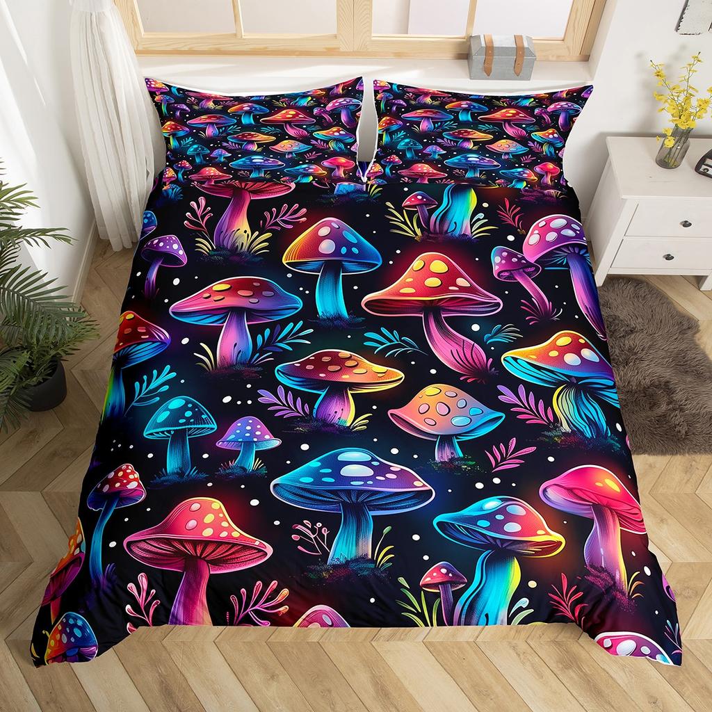 Homewish Neon Jungle Mushroom Duvet Cover Set For TeenGreen Skull Skeleton Bedding SetCartoon Theme Bed Set