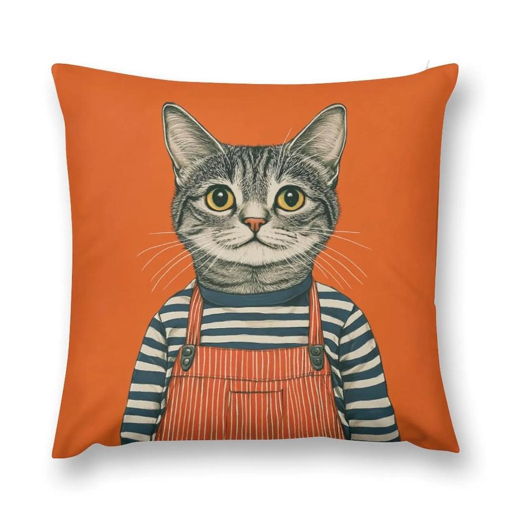 1pc Cartoon Cat Cushion Cover Orange Striped Overalls Pillowcase For Sofa Bedroom Home Decor Soft Comfortable Throw Pillow Case