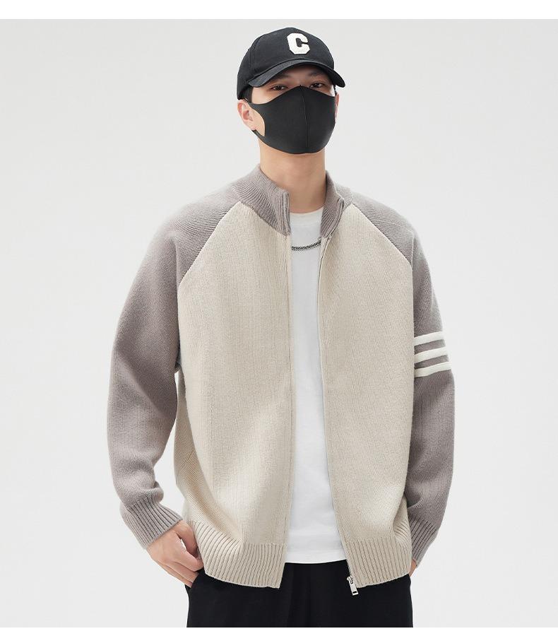 2025 Men's Stand Collar Color Block Cardigan: Trendy Wool Jacket for Spring, Autumn, Winter