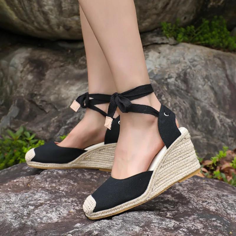 2024 Damen Espadrille Sandalen mit Knöchelriemen Bequeme Hausschuhe Damen Freizeitschuhe Atmungsaktive Pumps aus Flachs-Hanf-Canvas