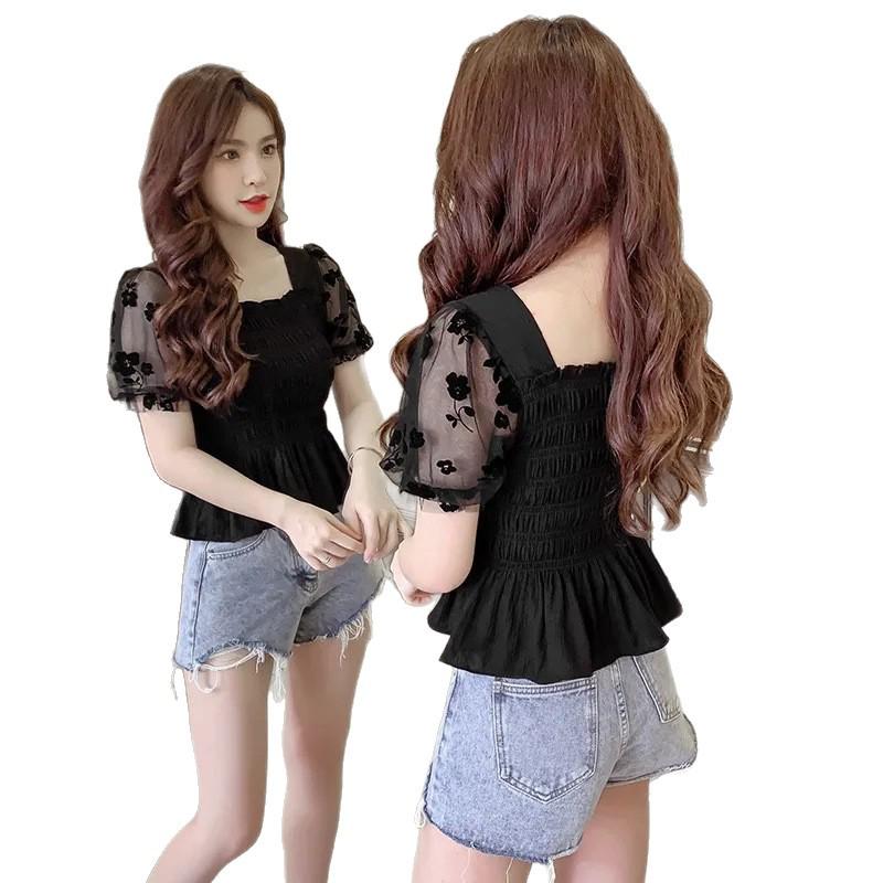 Women's Chic Summer Mesh Square Neck Top - Waist-Cinched, Slimming, Short-Sleeved Cropped Shirt