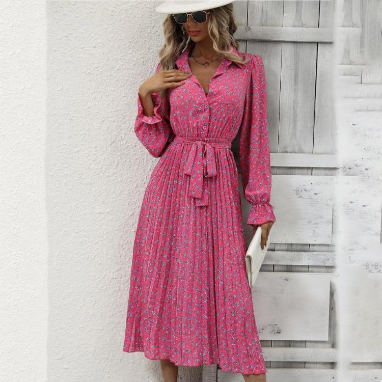 Women Autumn Winter Casual Long Sleeve V-neck Floral Print A-Line High Waist Ankle Length Dress