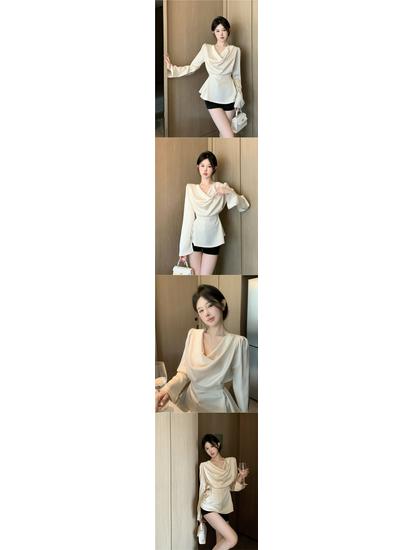 High-End Lace-up Satin Shirt: Autumn/Winter Waist-Cinching, Flowing Collar Design