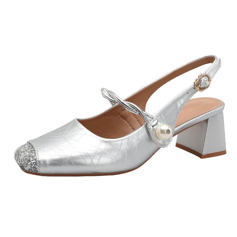 French Mary Jane bag head sandals women's thick heel 2025 new summer silver word with square head empty high heels