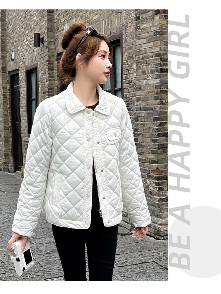 Thin Short Rhomboid Winter Jacket with Turn Down Collar