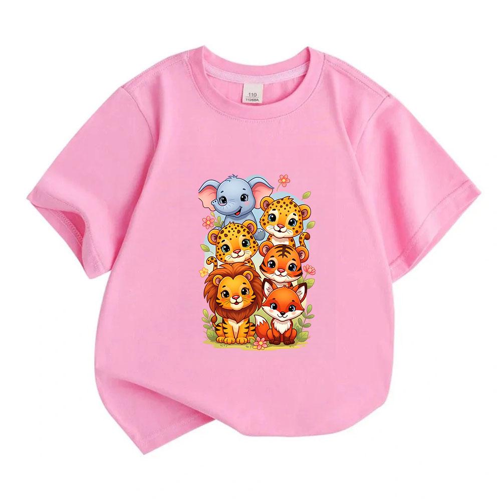 Cute Safari Animal Cartoon Print Kids T Shirt, 100% Cotton Short Sleeve O-neck Casual Tees for Boys Girls, Elephant Leopard Lion Fox Pattern Soft Comf