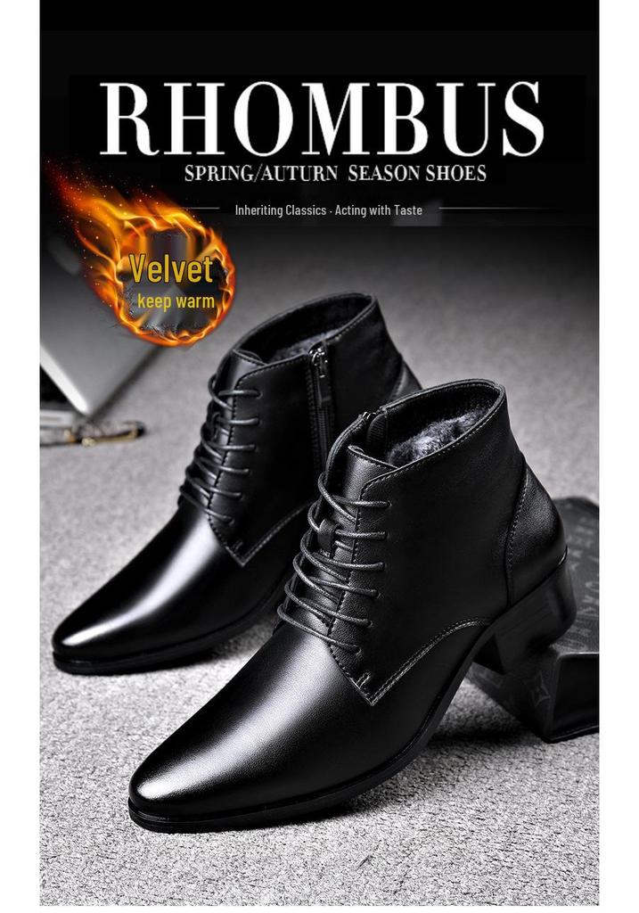 Men's Winter Pointed Toe Leather Chelsea Boots with Velvet, Lace-up Roman Style, High Heel Martin Design