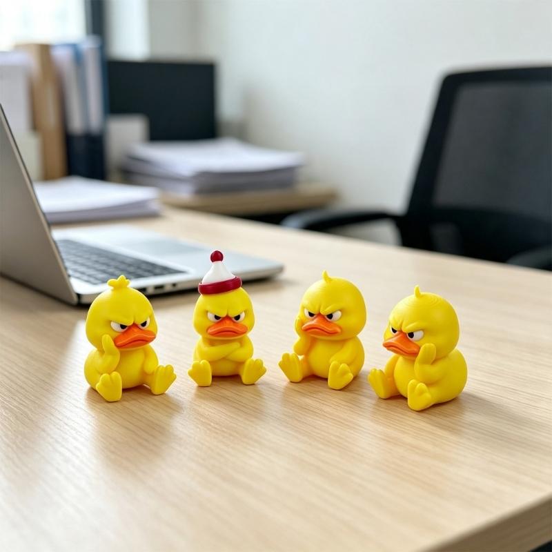 Cartoon Angry Duck Figurine Set, 4 Piece 3D Printed Yellow Duck Figures for Desktop Placement, Display Shelf Accent, and Office Shelf Use, Collectible