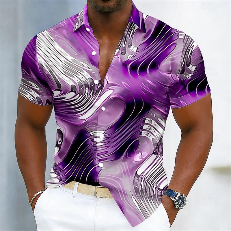 Summer Lightweight Men's Collared Shirt, Gradient Wavy Print, Stylish Casual Vacation Loose Hawaiian Style Men's Shirt, XS-6XL