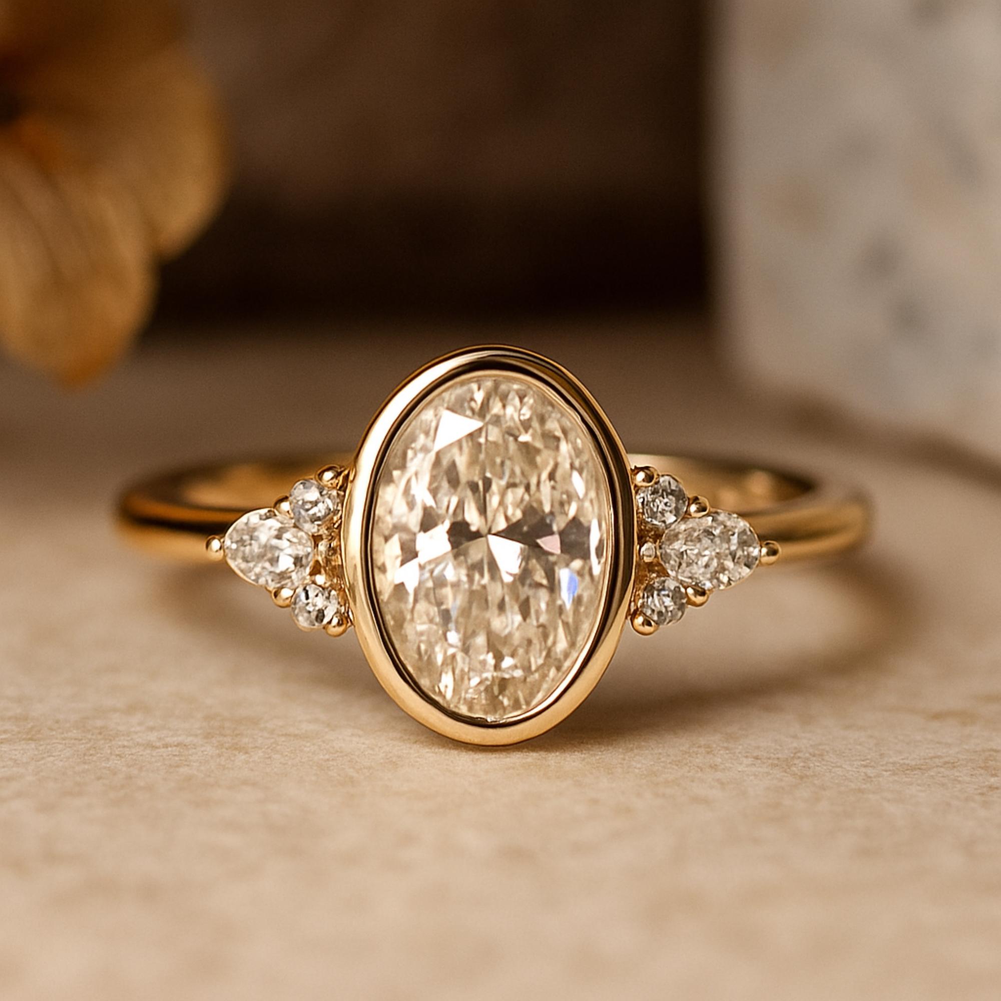 

Овальное кольцо для помолвки с кубическим цирконием в безеле – Свадебное кольцо для невесты с покрытием из желтого золота и боковыми камнями – Ювелирное изделие в стиле ар-деко, подарок для нее Q розовый