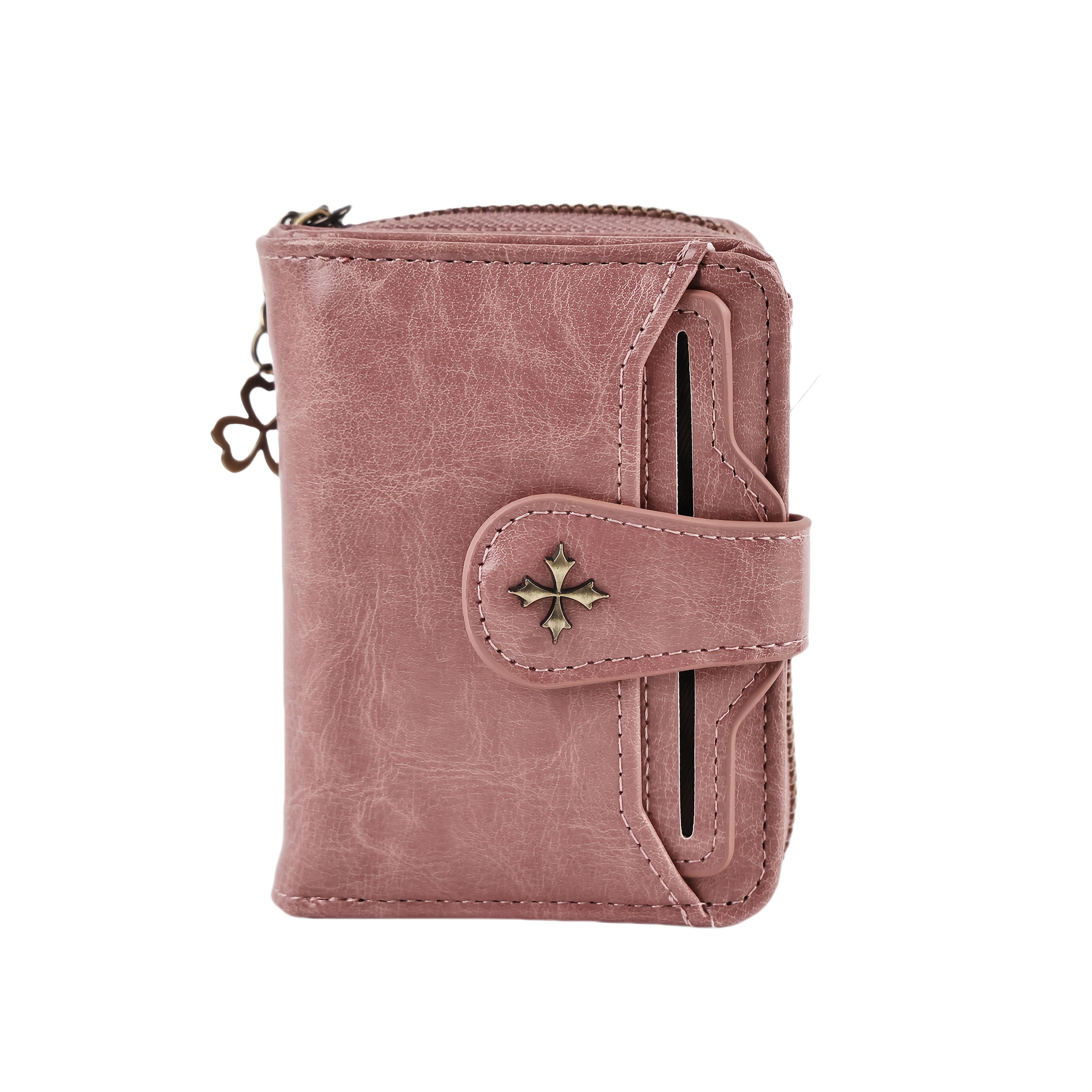 

Женский короткий кошелек в классическом и ретро стиле. имеет простой дизайн с фурнитурной отделкой и подходит для повседневного использования. множество слотов для карт. розовый