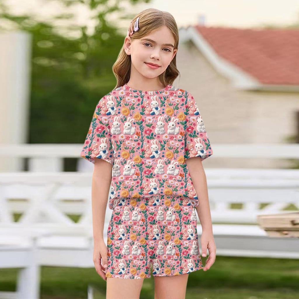 Kid Patriotic Outfit - Short Sleeve & Shorts 2-Piece Set For Girl Easter Day