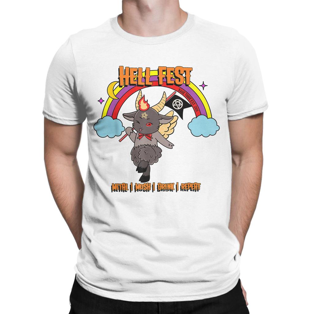 Herren HellFests Baphomet Festival T-Shirts Metal Mosh Drink Repeat Baumwoll-Tops Kurzarm Rundhals T-Shirts Übergröße T-Shirt