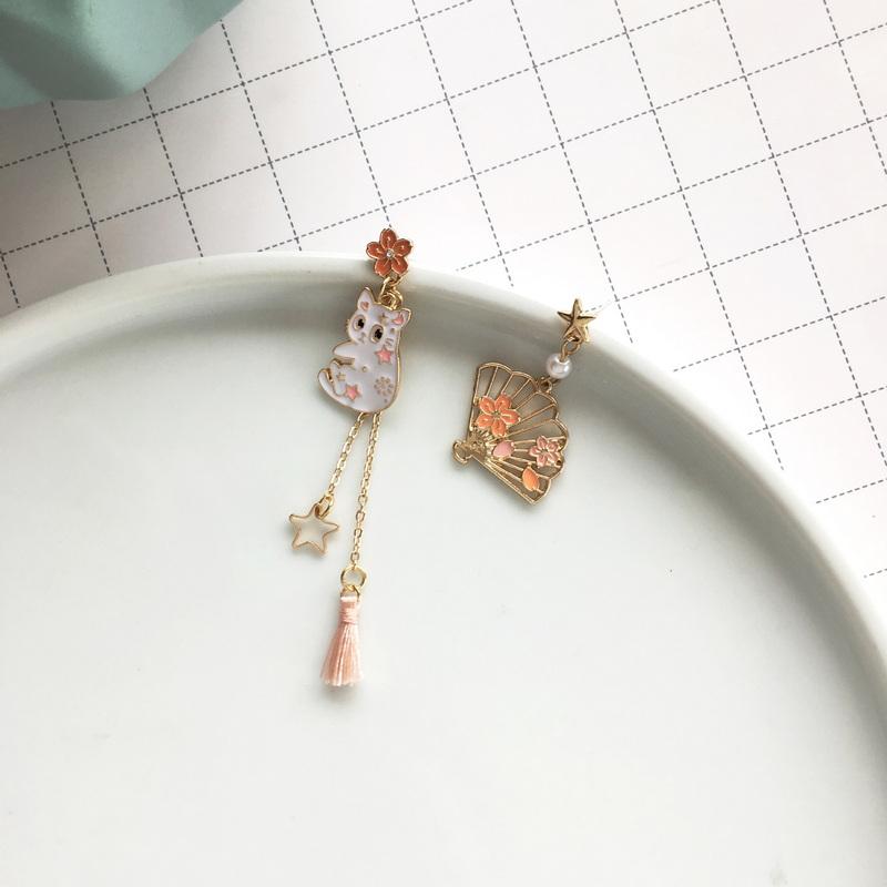 Lovely Cartoon Enamel Moon Cat Drop Earrings For Women Kawaii Cute Pink Bowknot Rabbit Dangle Earrings Girls Jewelry Gifts