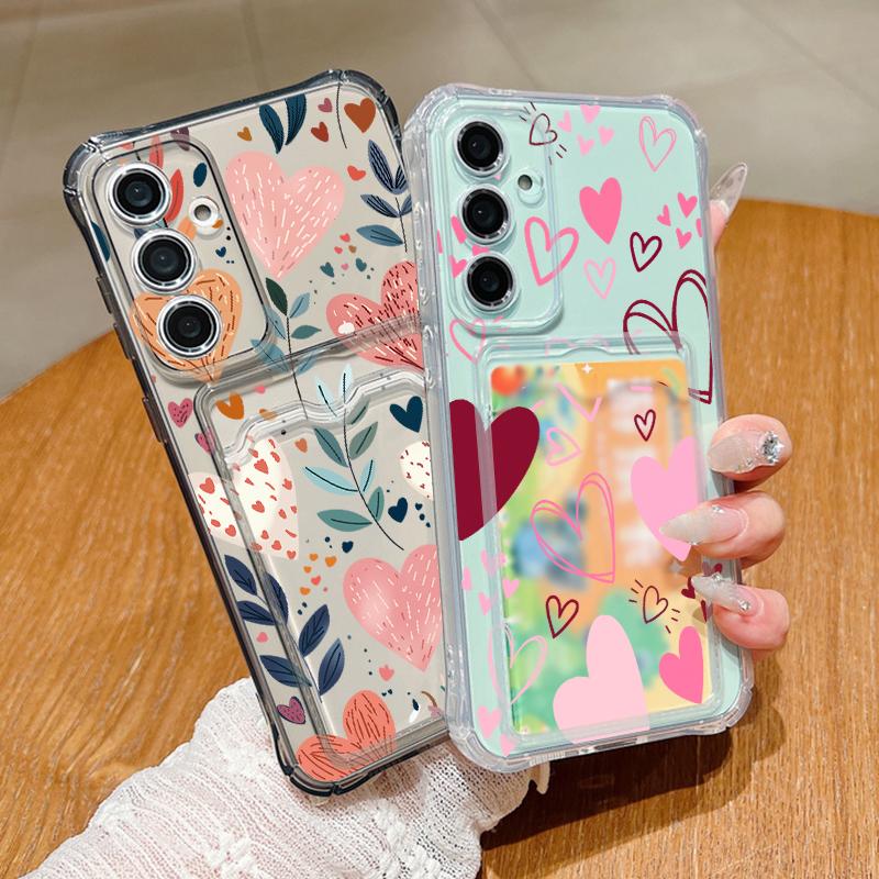Pink Love Heart Leaves Print Clear Phone Case For Samsung Galaxy S26 S25 S24 S23 S22 Ultra S25 Edge S24 FE Card Bag Wallet Cover