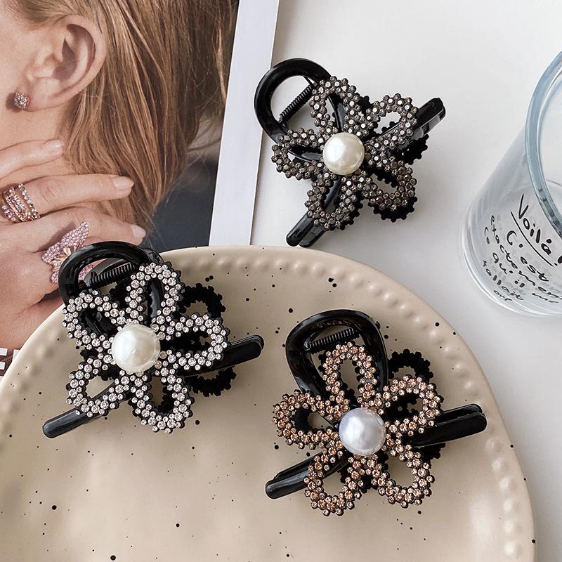 2024 Pearl Rhinestone Flower Claw Clip for Women - Medium Size Half Updo Accessory