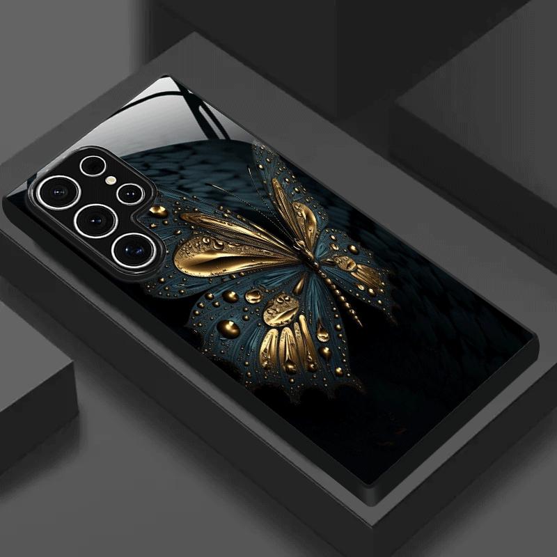 Black Golden Element Butterfly Tempered Glass Phone Case for Galaxy S26 S25 S24 S23 Ultra S22 Ultra S20 Ultra 56 A72 A73 5G