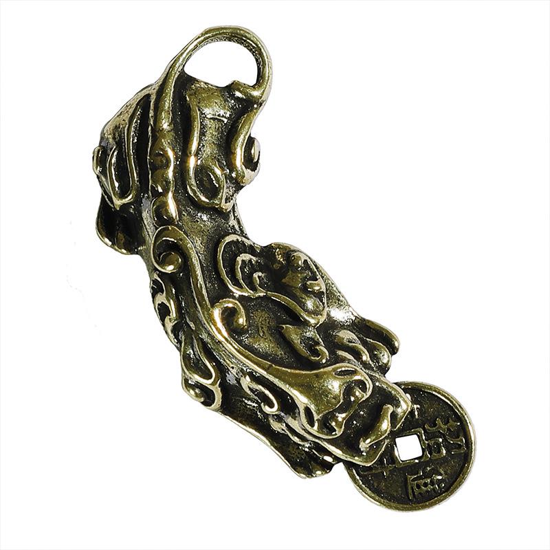 Brass Pixiu Wealth & Protection Keychain Pendant - Retro Chinese Bronze Ornament Pair