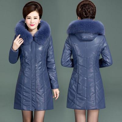 PU Leather Jacket Winter Women Coat Zipper Fur Collar Thicken Cotton Warm Hooded Coat Pu Leather Middle-aged Women Parkas