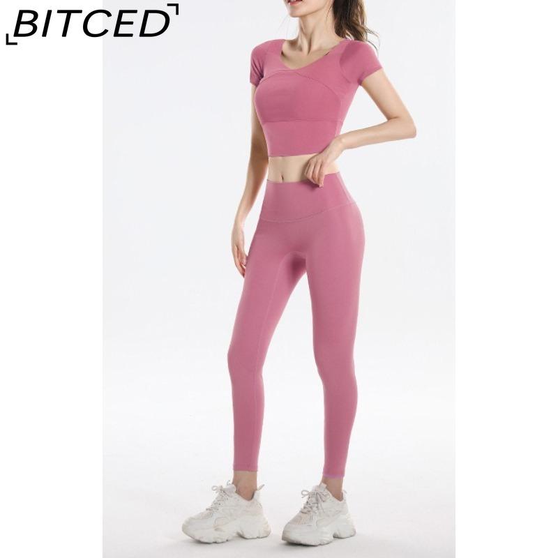 BITCED Women's Quick-Dry Short-Sleeve Sports Top with Built-in Bra, Plus Size Yoga Wear, Morning Run Fitness Set for Summer and Fall