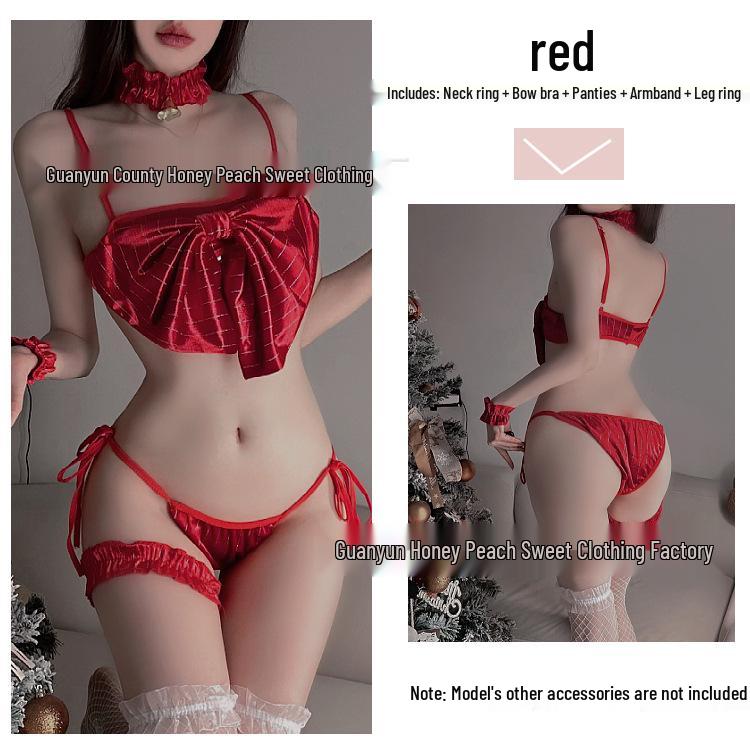 Festive Lace-Up Bowknot Lingerie Set - Sexy Three-Piece Sleepwear for Autumn/Winter