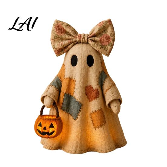 Farmhouse Style Fall Accents Lighted Vintage Patchwork Ghost LED Light Ghost with Pumpkin Lantern Halloween Decor Nostalgic Decor Ghosts Lamp,