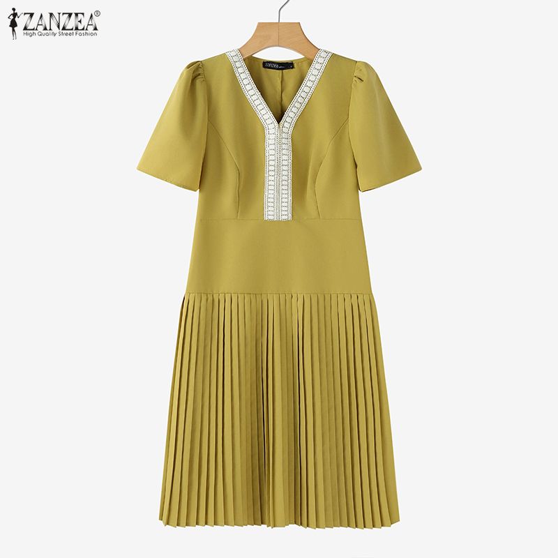 ZANZEA Women Splice V-Neck Summer Casual Short Sleeve Dress