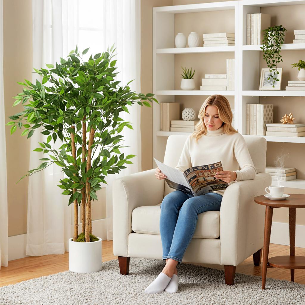 Arbre Ficus Artificiel 120cm, Faux Arbre en Pot avec Tronc en Bois Massif et Pot pour Intérieur, Vert