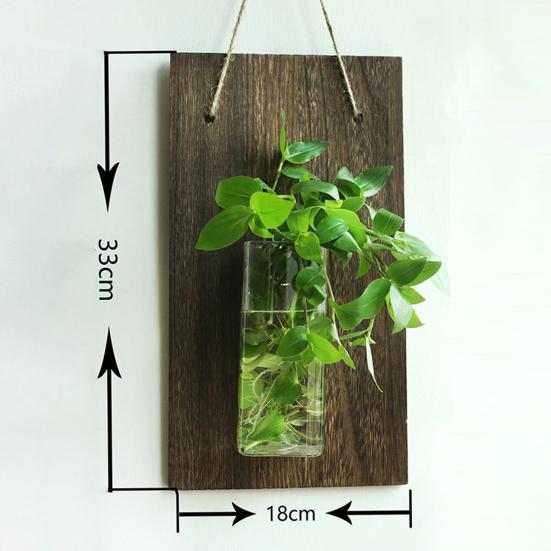 Yousheng Glass Wall Planter Hanging Vase with Wooden Board Oblate Flower Vase for Hydroponics Plants Flowers Home Office Decor
