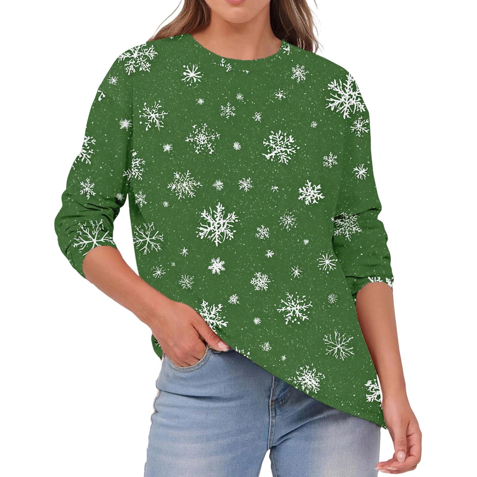 Women s Fashion Casual Christmas Print Round Neck Color Long Sleeve Top L