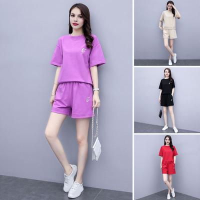 2 Piece Outfits for Women Summer Crewneck Short Sleeve Top Short Sweatpant