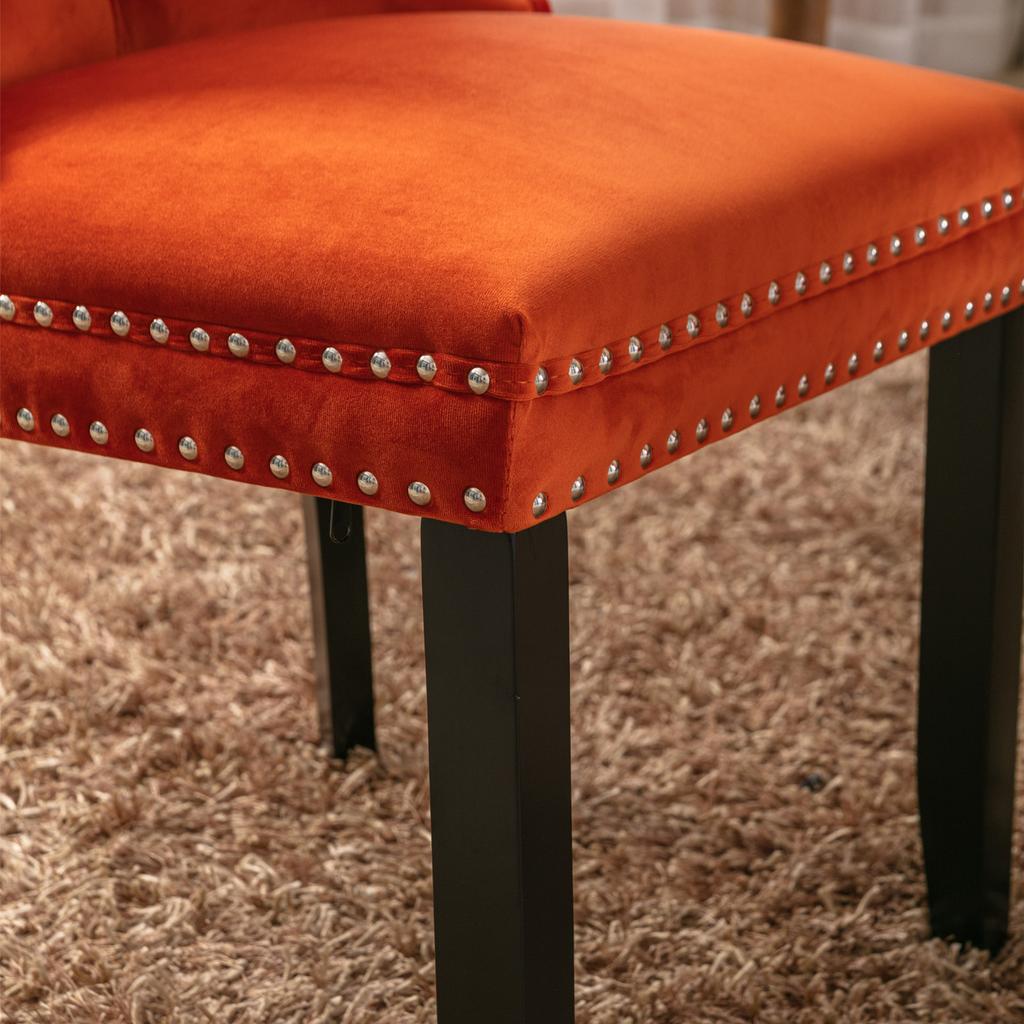 Nikki Collection Hochwertiger getufteter Massivholz Moderner Samtbezogener Esszimmerstuhl mit Holzbeinen Nagelkopfverzierungen 2er-Set, Orange, DE2001OG