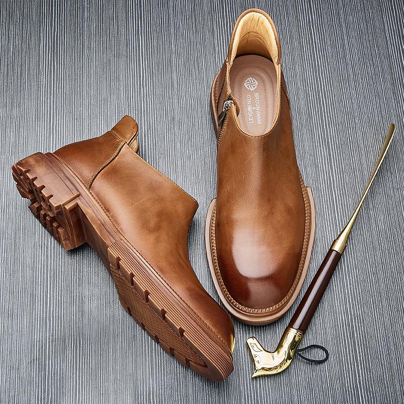 Leather Chelsea Short Boots British Style Retro Locomotive Platform Leather Martin Boots Men'S Trendy Tooling Big Head High Top Shoes