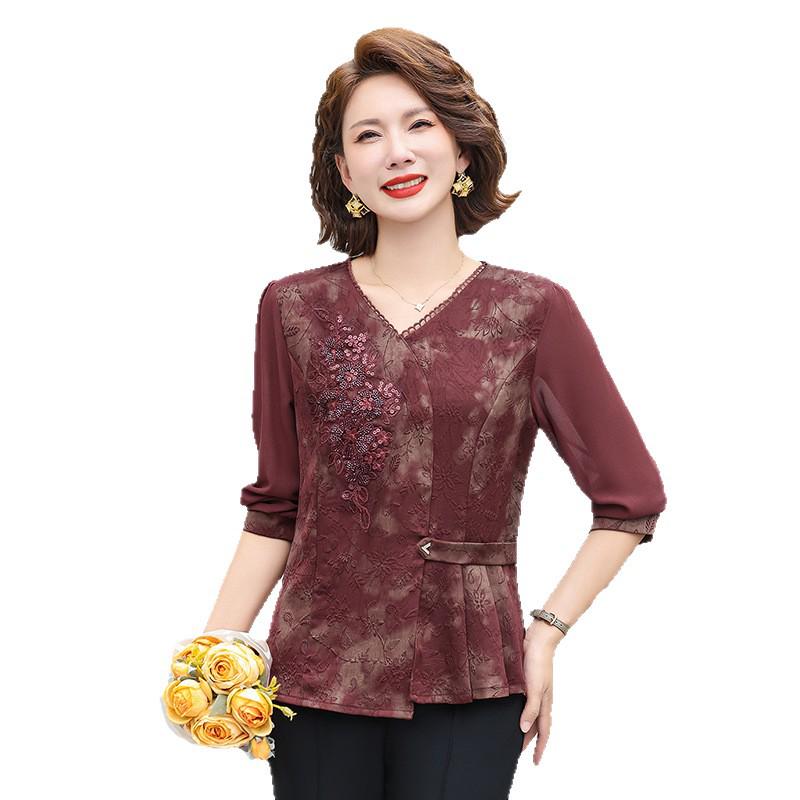 Spring Fashion Stylish Printed Shirt for Middle-Aged Women, 50+, with Five-Point Sleeves - Perfect for Spring and Summer.