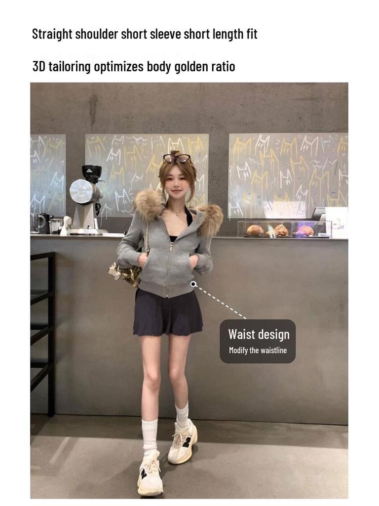 2025 Women's Gray Fur Collar Short Slim Sweatshirt - Petite Korean Style Autumn/Winter Outerwear