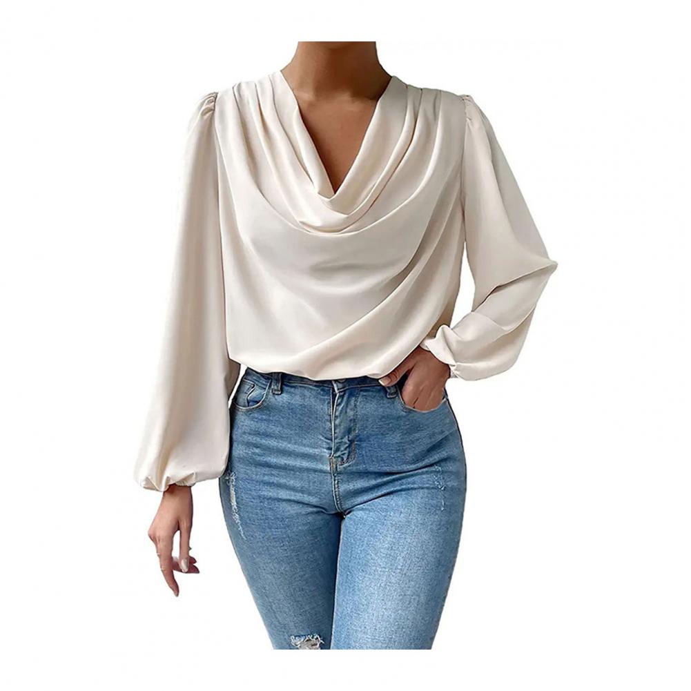 Chiffon Women Shirt Draping Piled Collar Lantern Sleeves Pullover Tops Solid Color Loose Fit Commuting Top Daily Wear